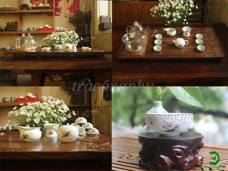 Bộ ấm chén bao gồm 1 ấm và 6 chén, 1 tống chuyên trà, 01 phễu lọc